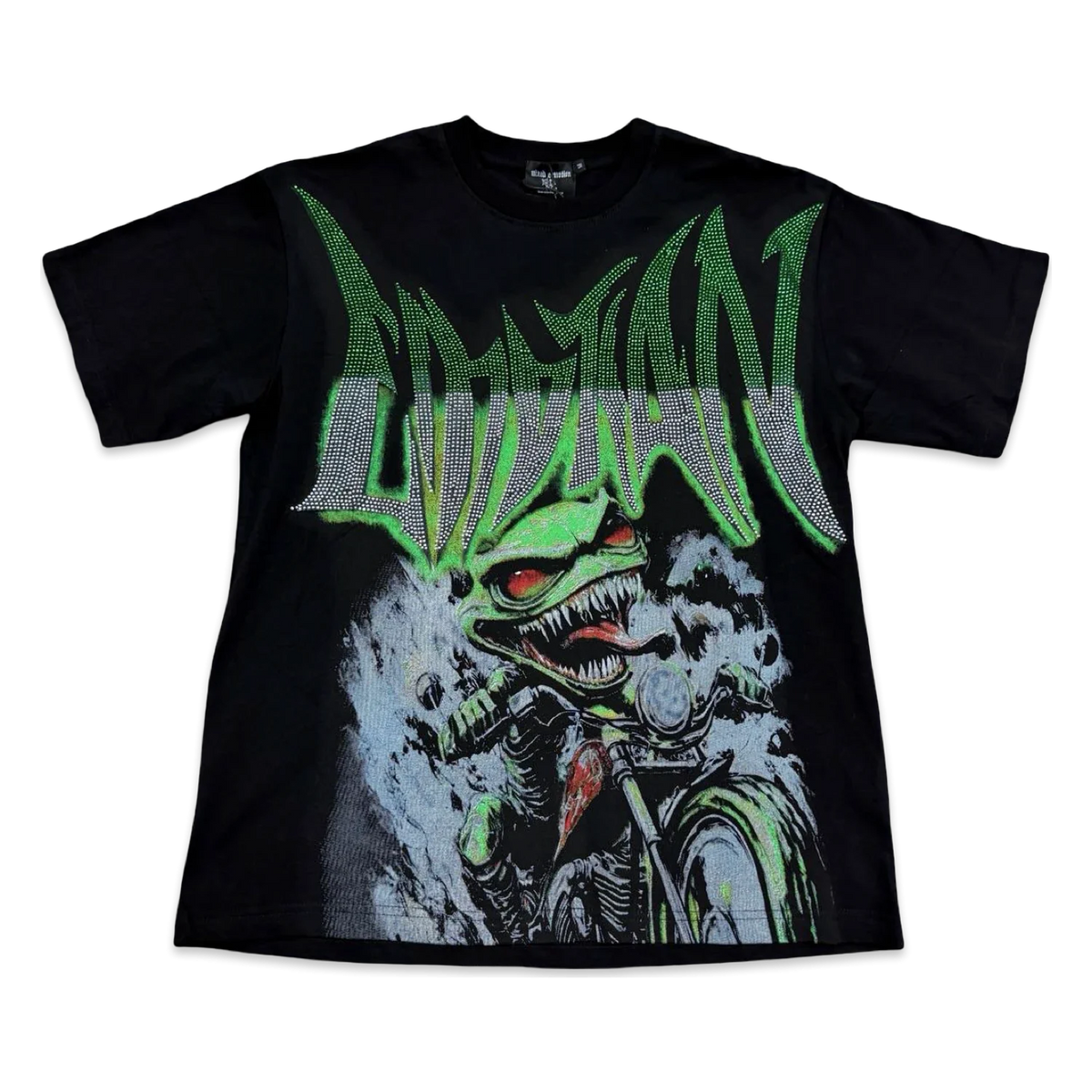 Green Skull Biker Tee — Black