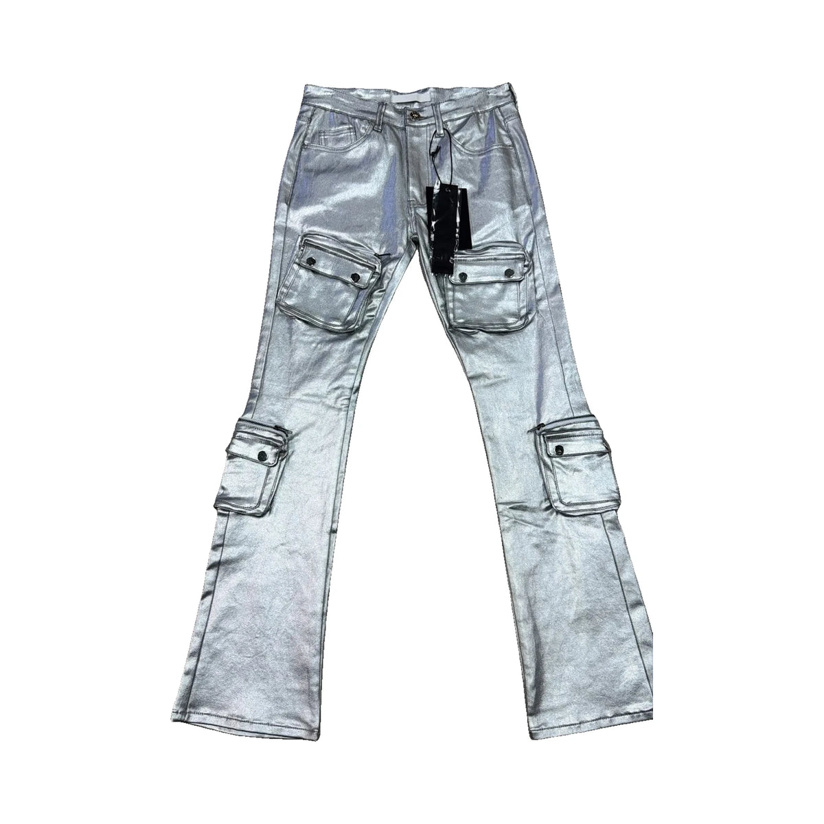 KDNK Metallic Cargo Flare Jeans — Silver