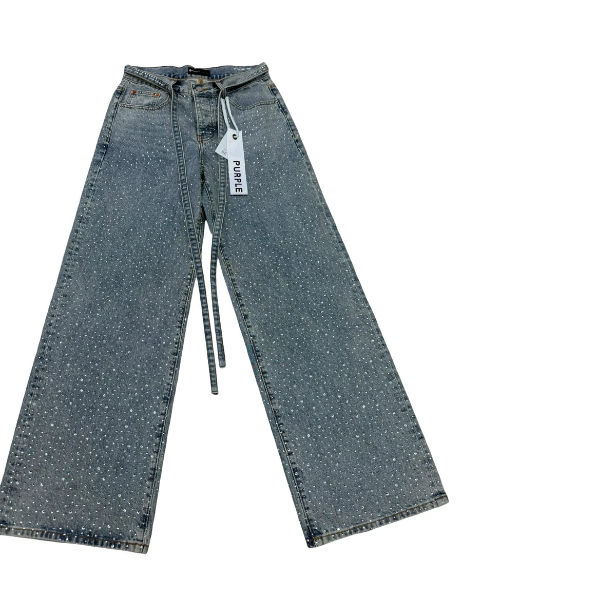 Purple Rhinestone Belted Wide Leg Jeans — Grey Blue