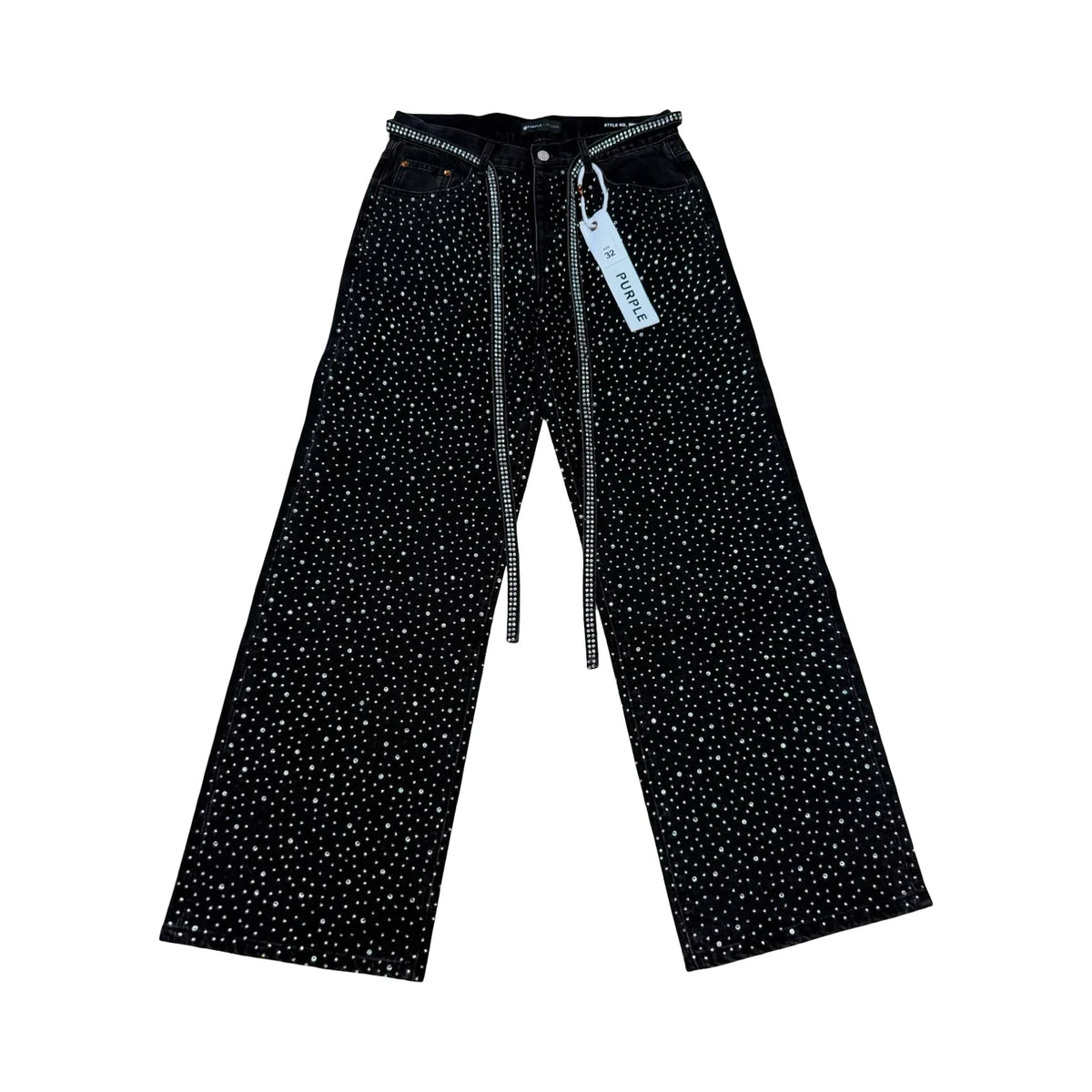 Purple Rhinestone Belted Wide Leg Jeans — Black