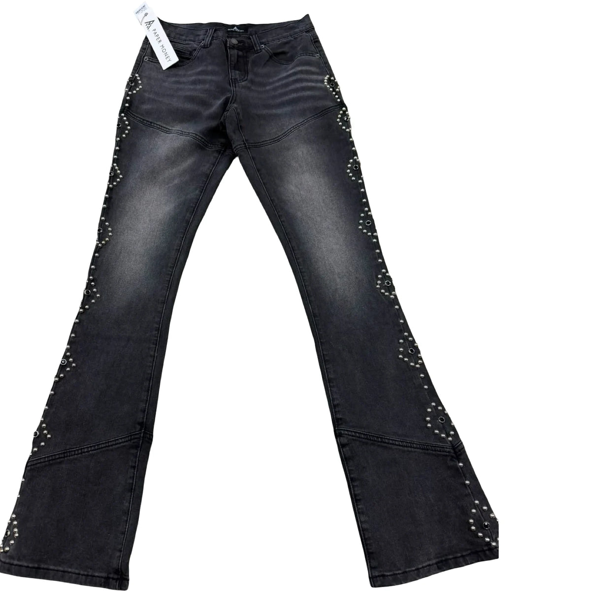 Paper Money Rhinestone Side Trim Flare Jeans — Washed Black