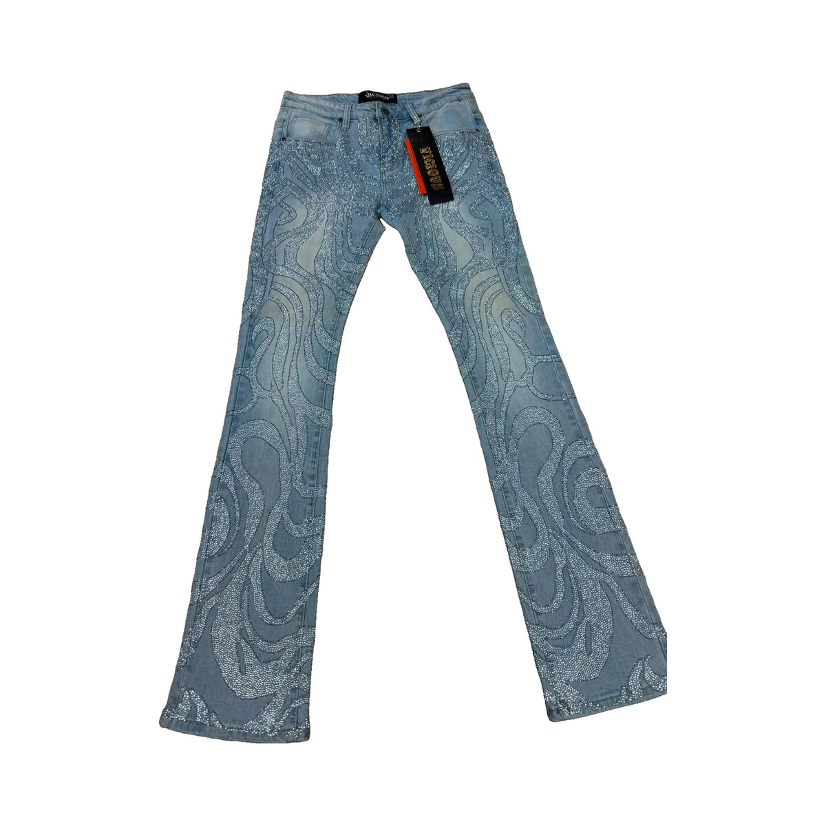 Vicious Rhinestone Swirl Stacked Jeans — Light Blue
