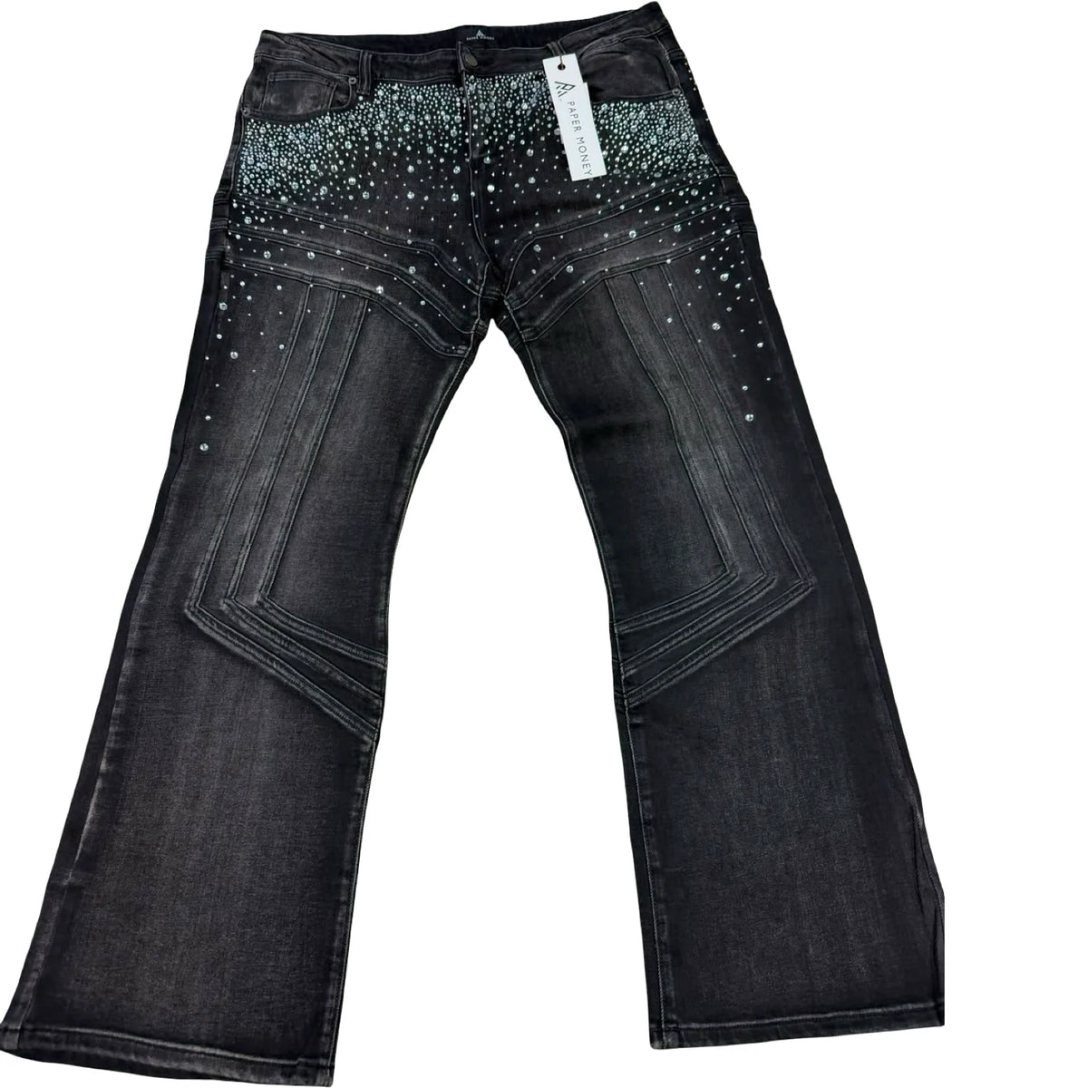 Paper Money Rhinestone Panel Flare Jeans — Washed Black