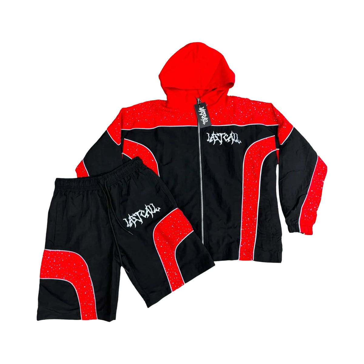 Last Call Studded Panel Windbreaker Short Set — Red / Black