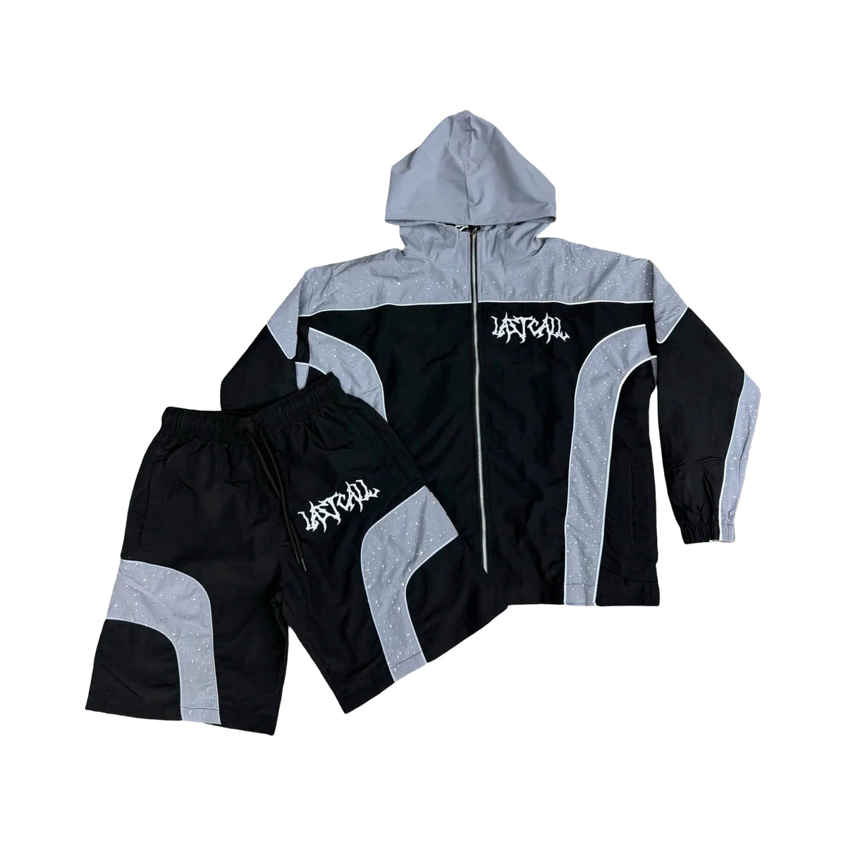 Last Call Studded Panel Windbreaker Short Set — Grey / Black