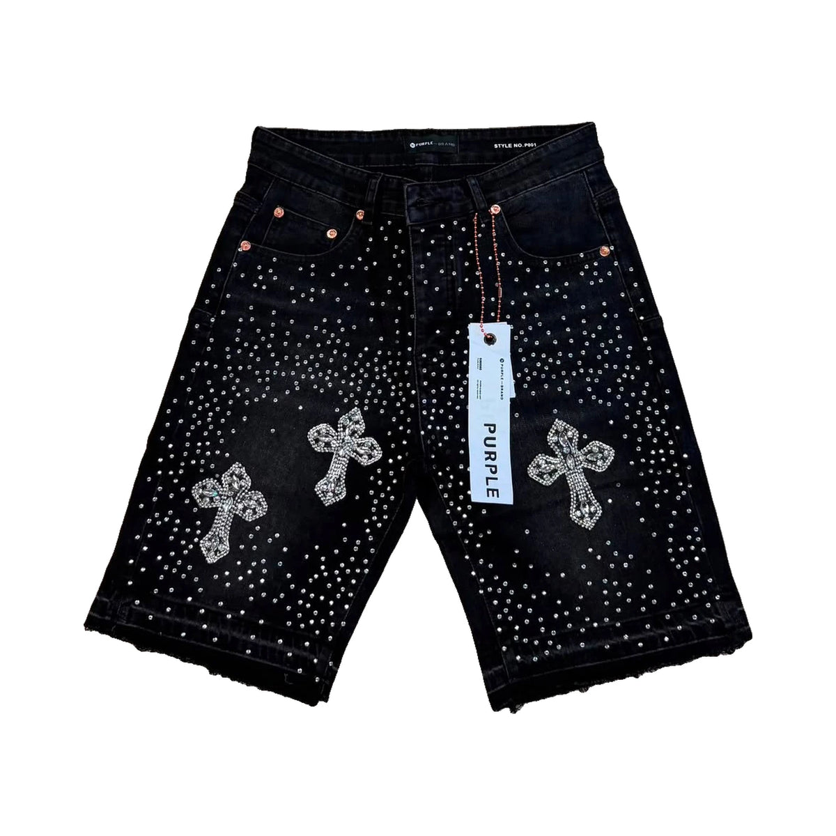 Purple Rhinestone Cross Denim Shorts — Black