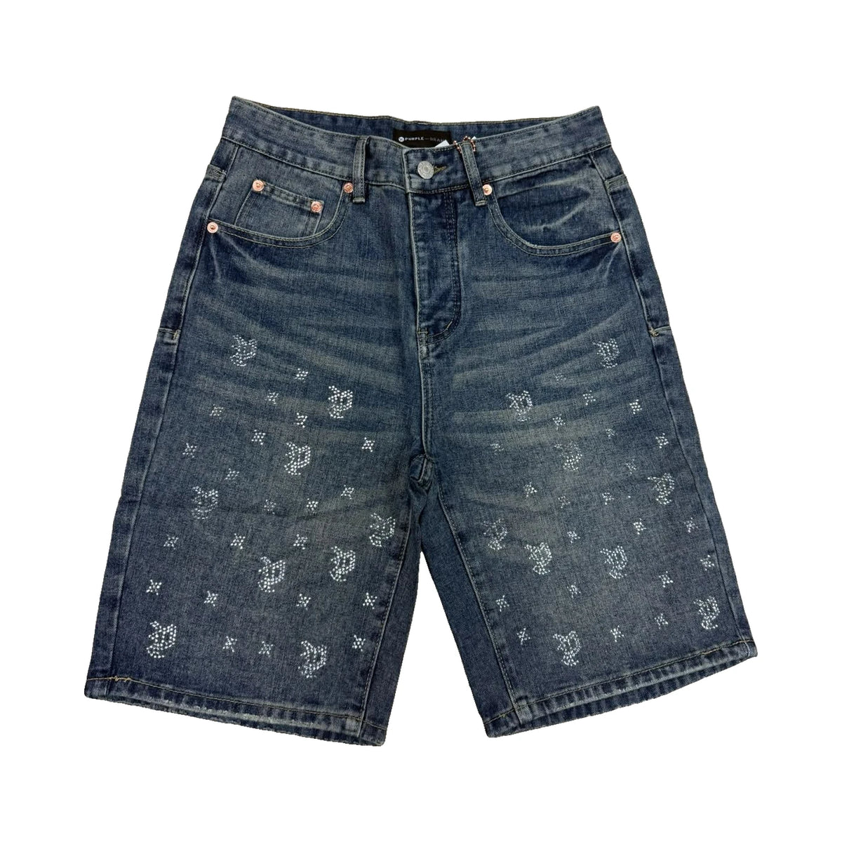 Purple Monogram Rhinestone Denim Shorts — Indigo