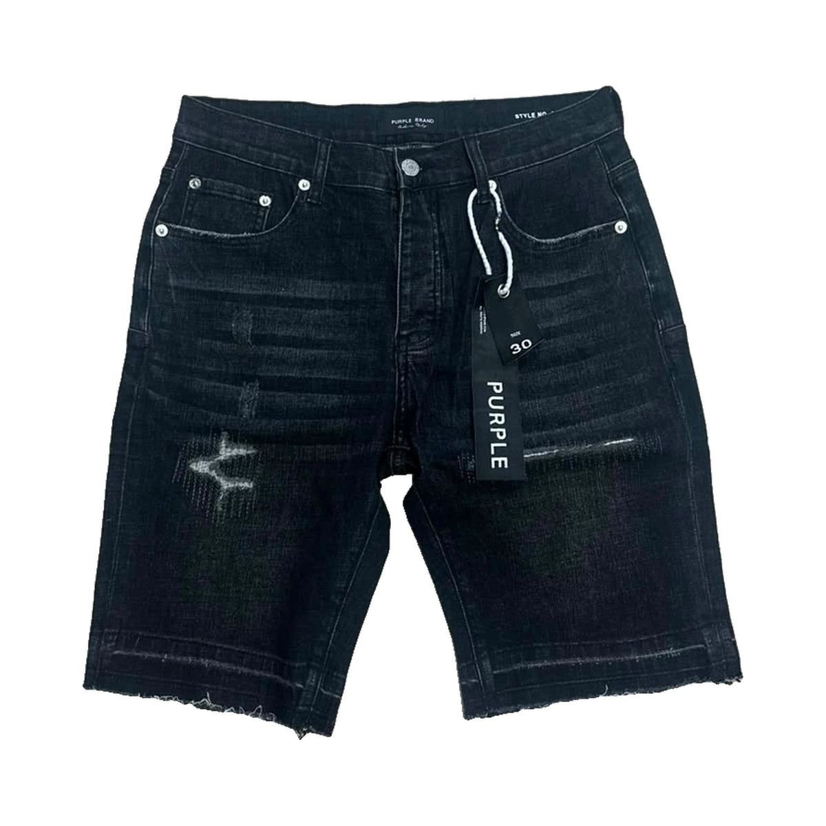 Purple Distressed Raw Hem Denim Shorts — Black