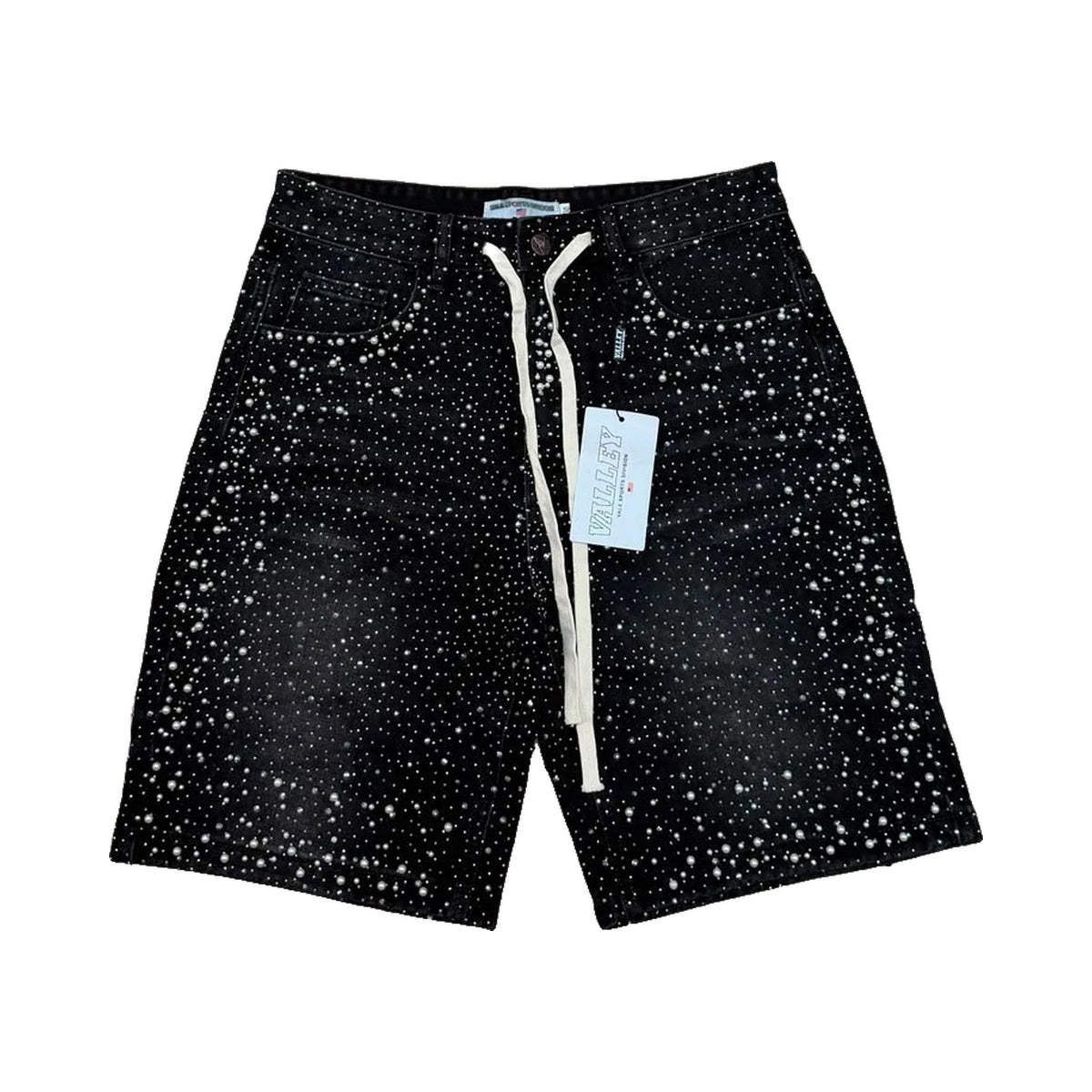 Valley Rhinestone Drawstring Denim Shorts — Black