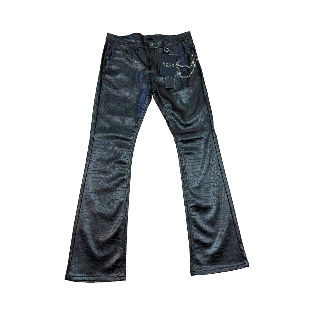 KDNK Croc Coated Flare Jeans — Black