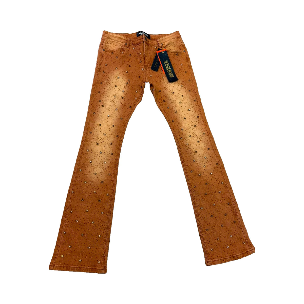 Vicious Rhinestone Stacked Jeans — Rust
