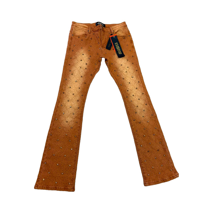 Vicious Rhinestone Stacked Jeans — Rust