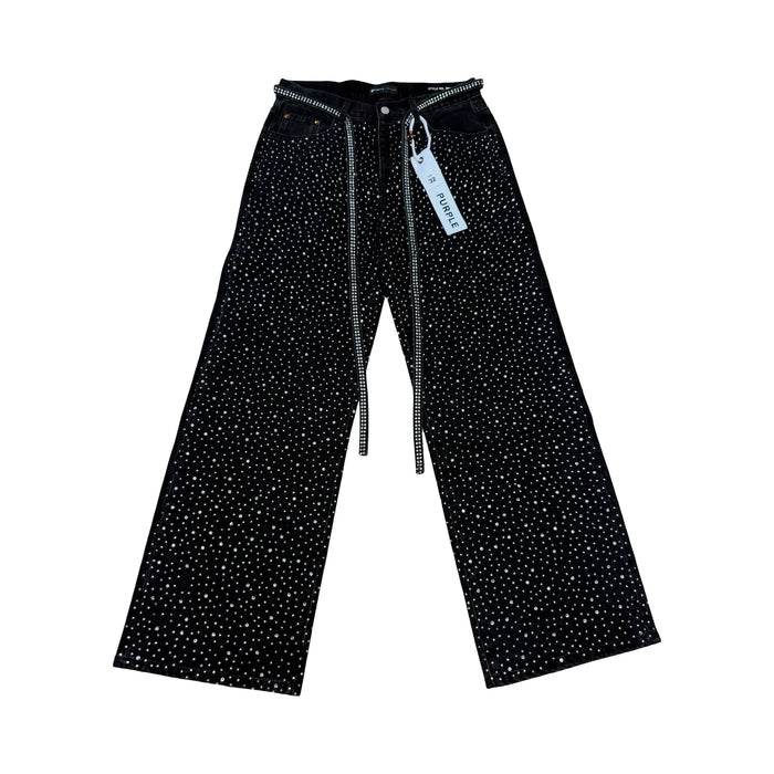 Purple Rhinestone Belted Wide Leg Jeans — Black