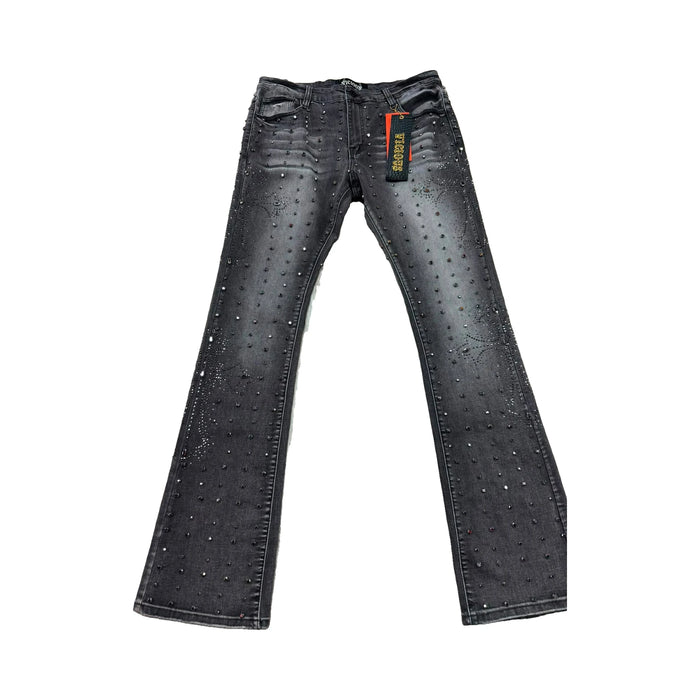 Vicious Rhinestone Stacked Jeans — Grey