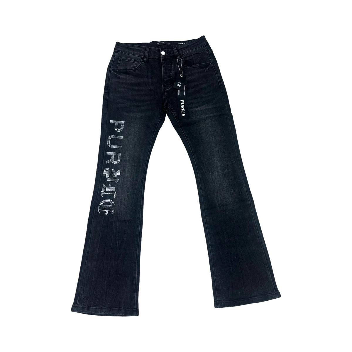 Purple Rhinestone Logo Flare Jeans — Black