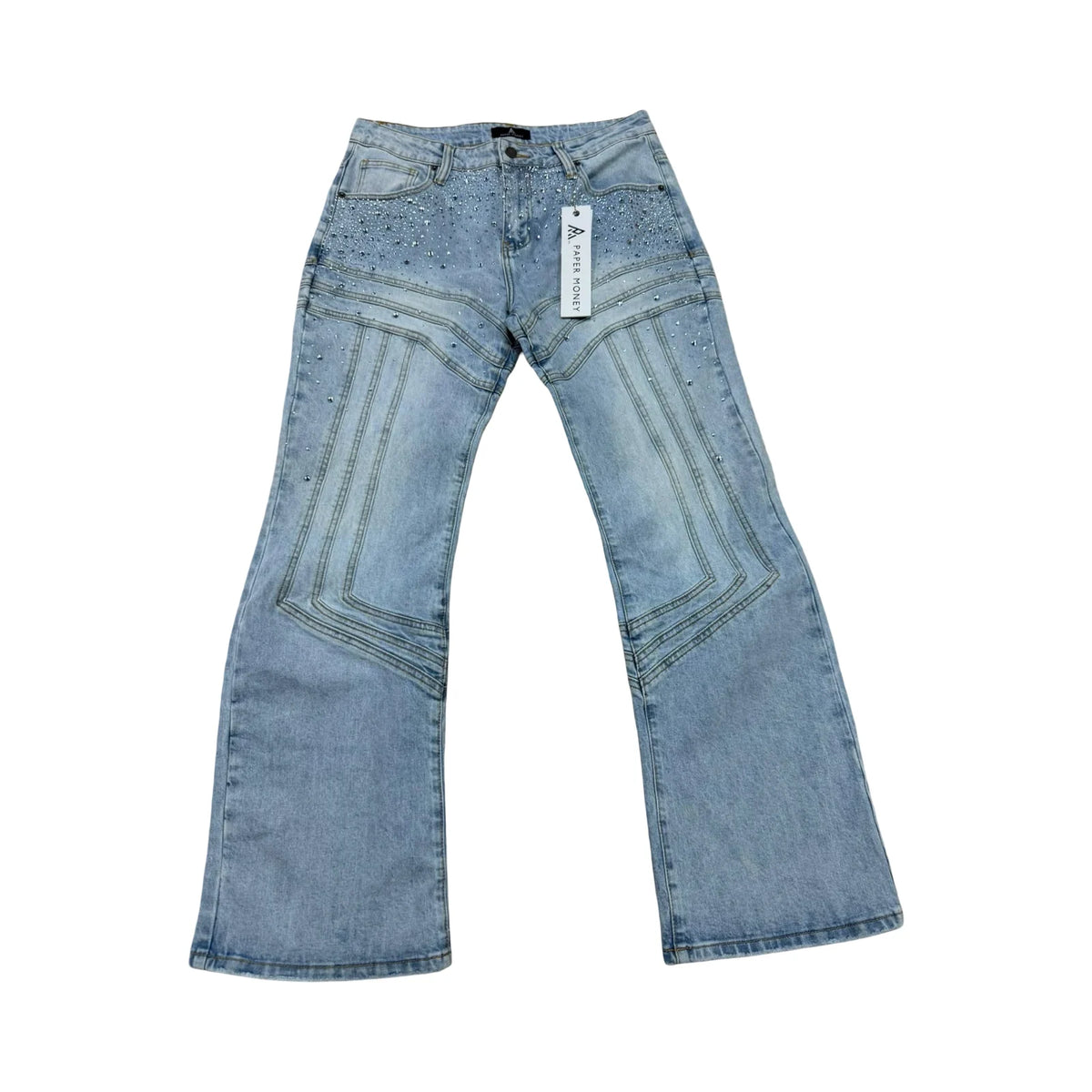 Paper Money Panel Stitch Rhinestone Flare Jeans — Light Blue