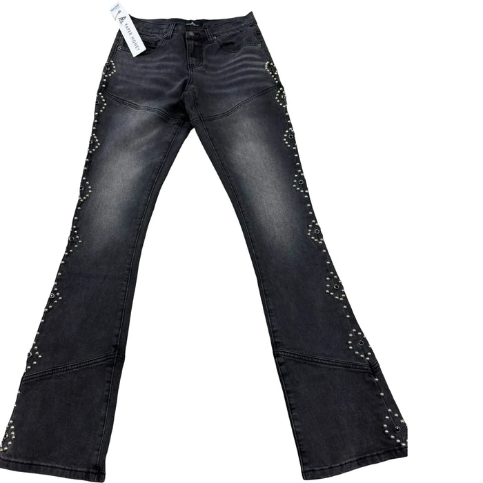 Paper Money Rhinestone Side Trim Flare Jeans — Washed Black