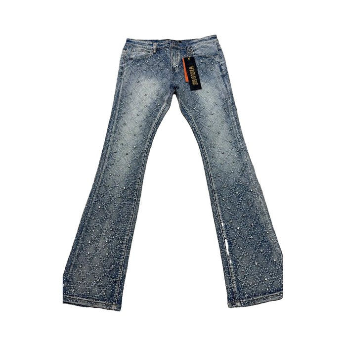 Vicious Diamond Rhinestone Stacked Jeans — Vintage Blue