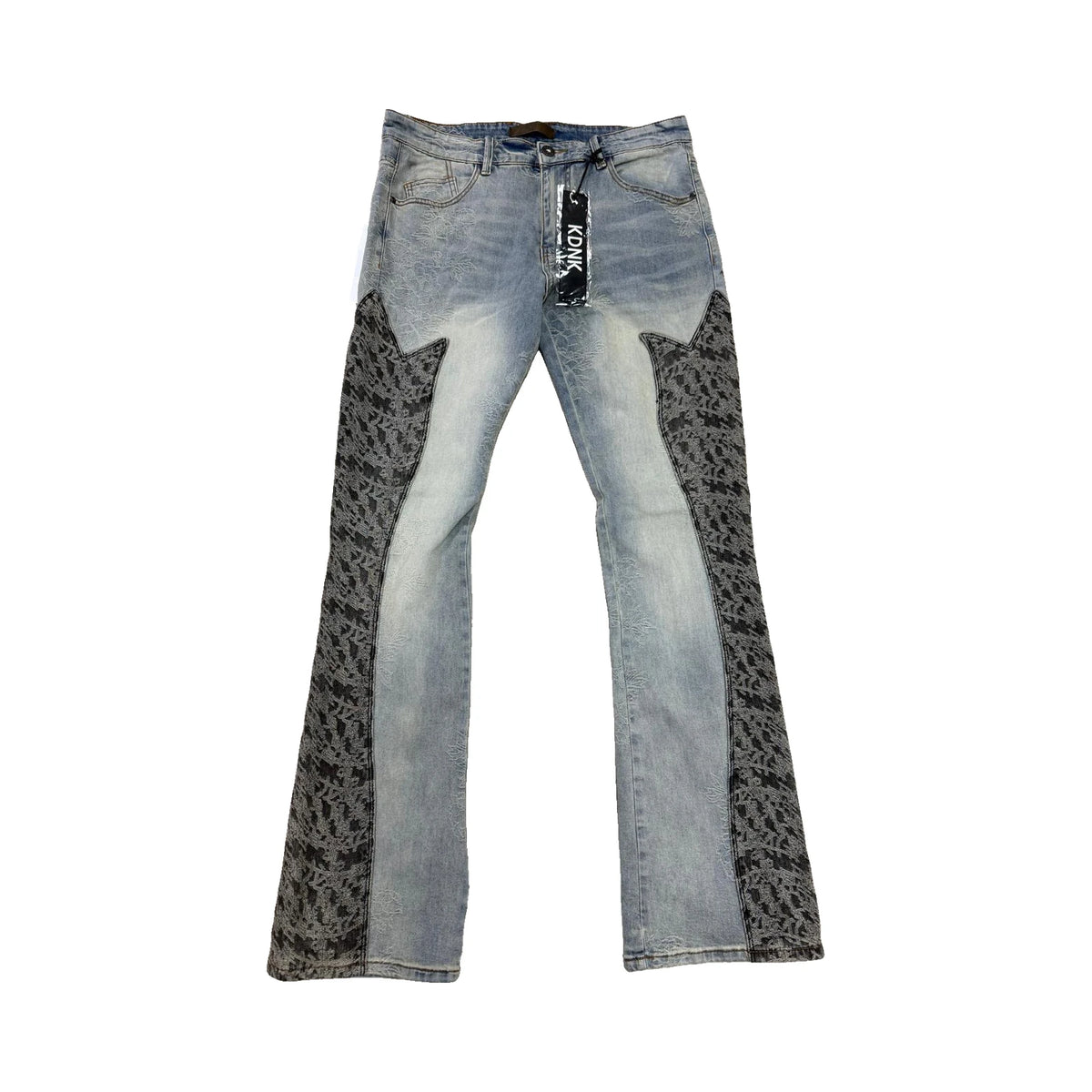 KDNK Paisley Panel Flare Jeans — Light Blue
