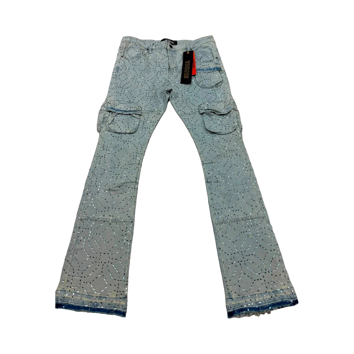Vicious Rhinestone Cargo Stacked Jeans — Light Blue