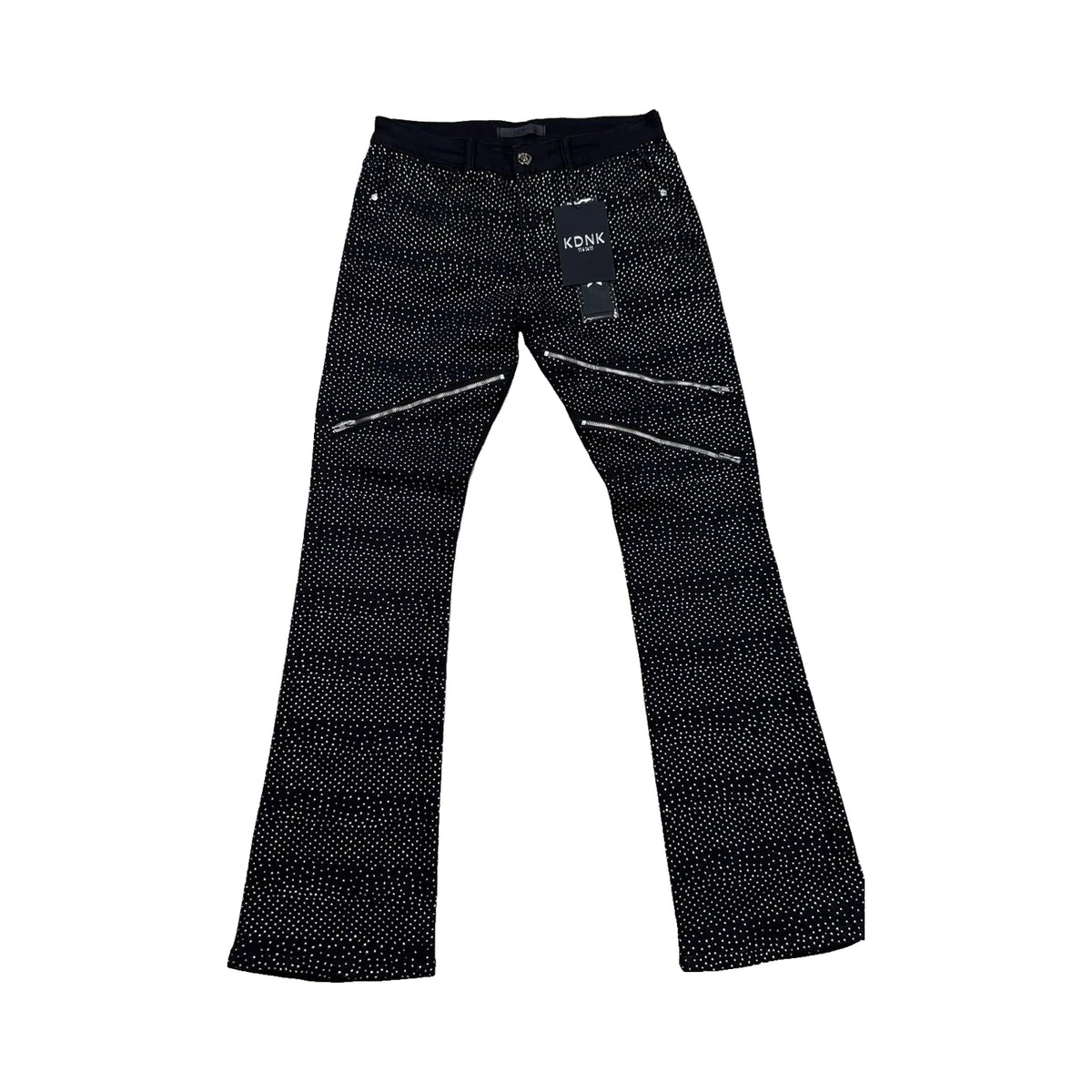 KDNK Rhinestone Zipper Flare Jeans — Black