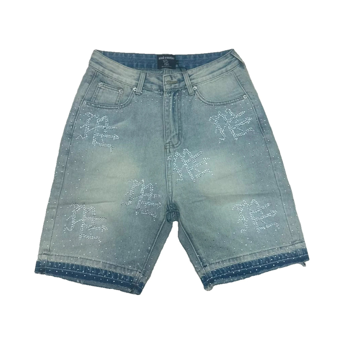 Mixed Emotion Rhinestone Monogram Denim Shorts — Light Blue