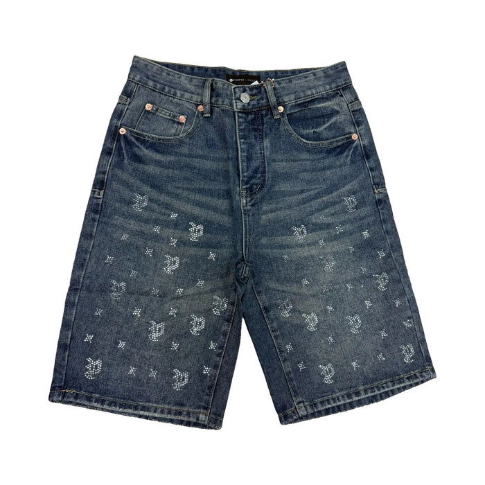 Purple Monogram Rhinestone Denim Shorts — Indigo