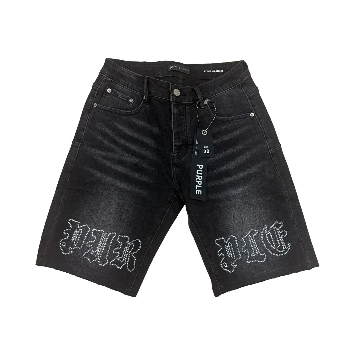 Purple Gothic Logo Rhinestone Denim Shorts — Washed Black