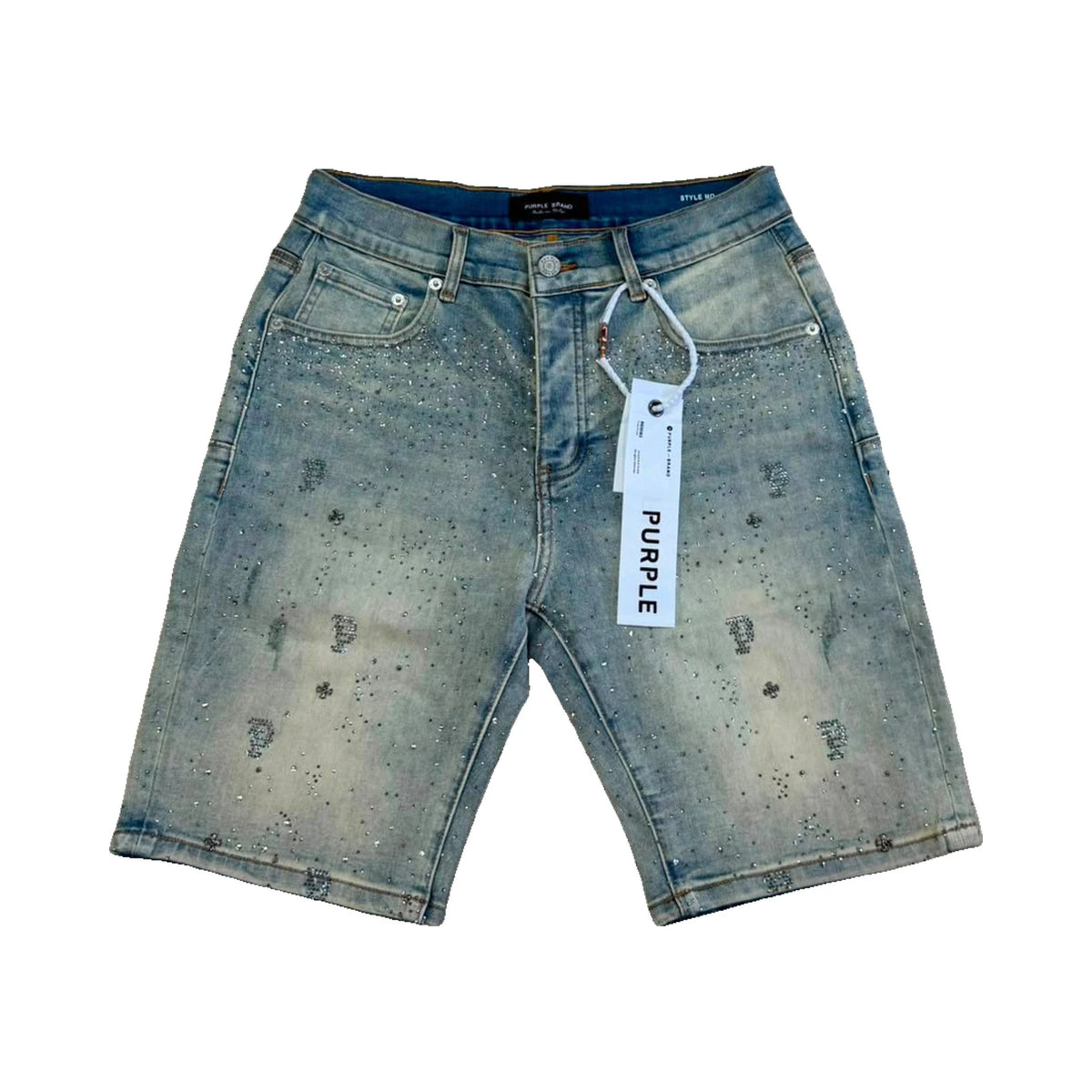Purple Distressed Rhinestone Denim Shorts — Vintage Blue