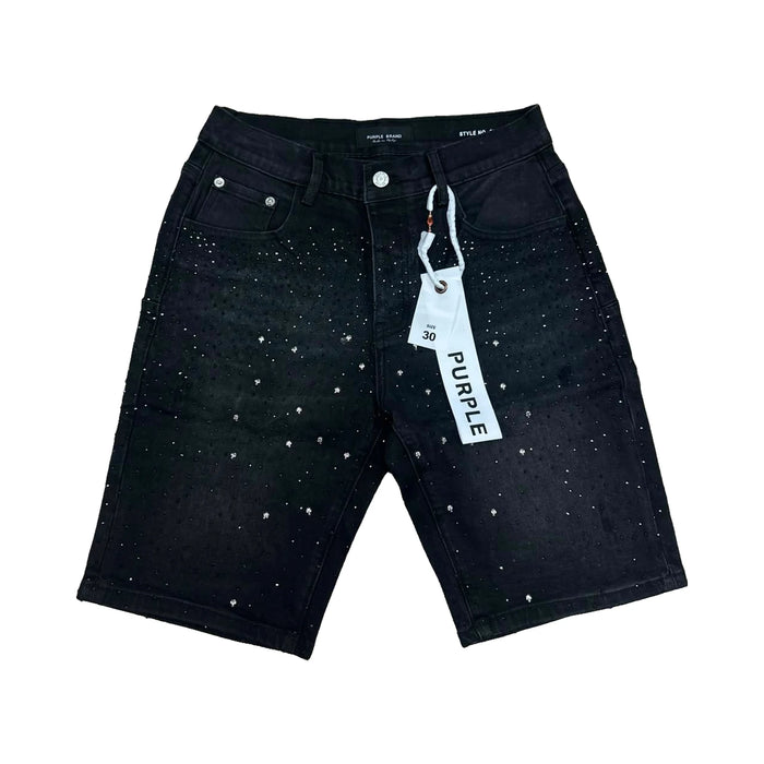 Purple Rhinestone Denim Shorts — Black