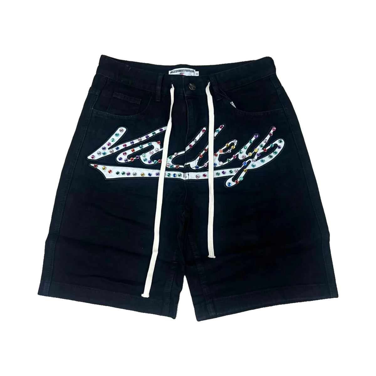 Valley Rhinestone Script Denim Shorts — Black