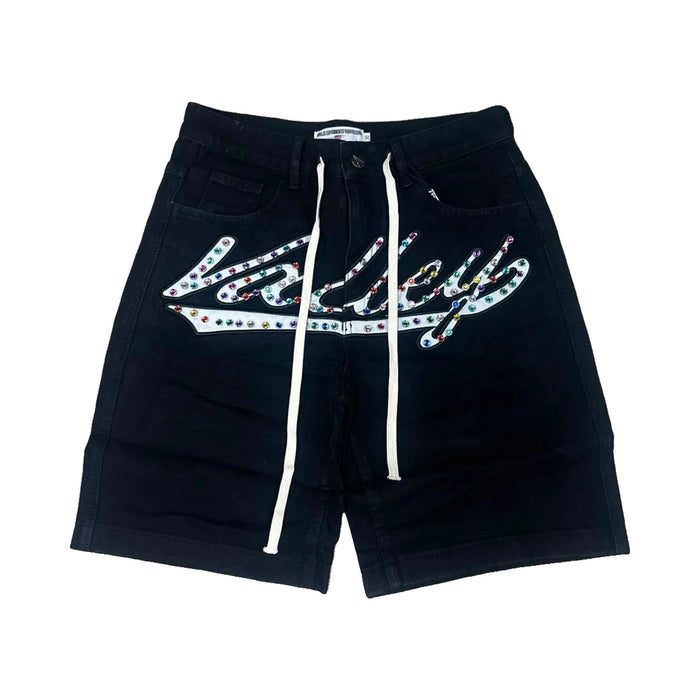 Valley Rhinestone Script Denim Shorts — Black