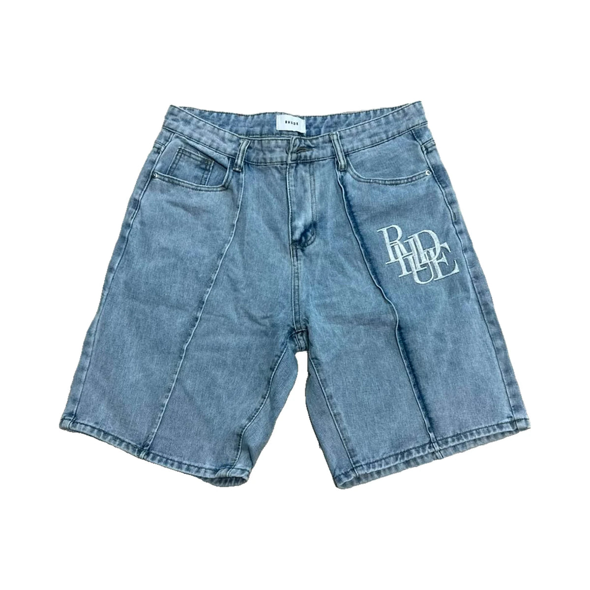Rhude Logo Paneled Denim Shorts — Light Blue