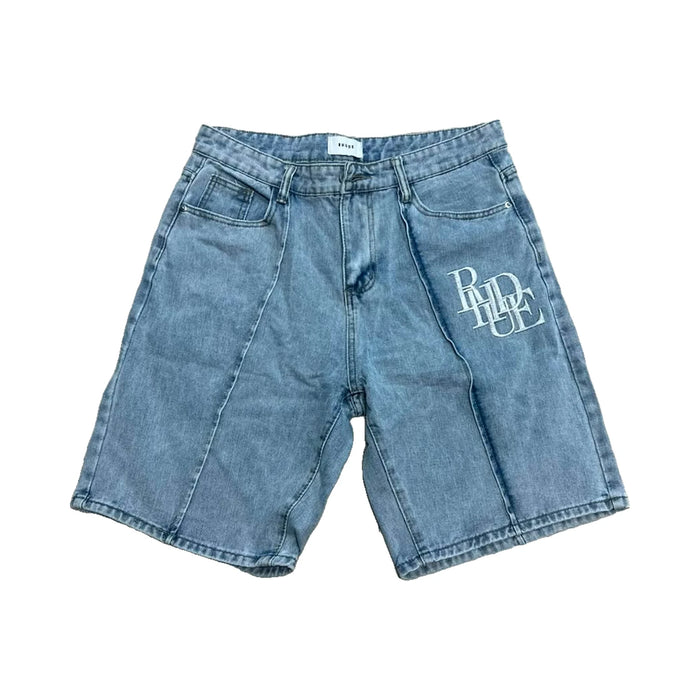 Rhude Logo Paneled Denim Shorts — Light Blue