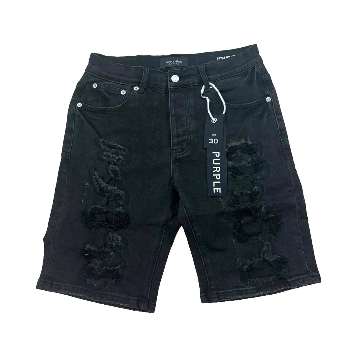 Purple Ripped Patch Denim Shorts — Black